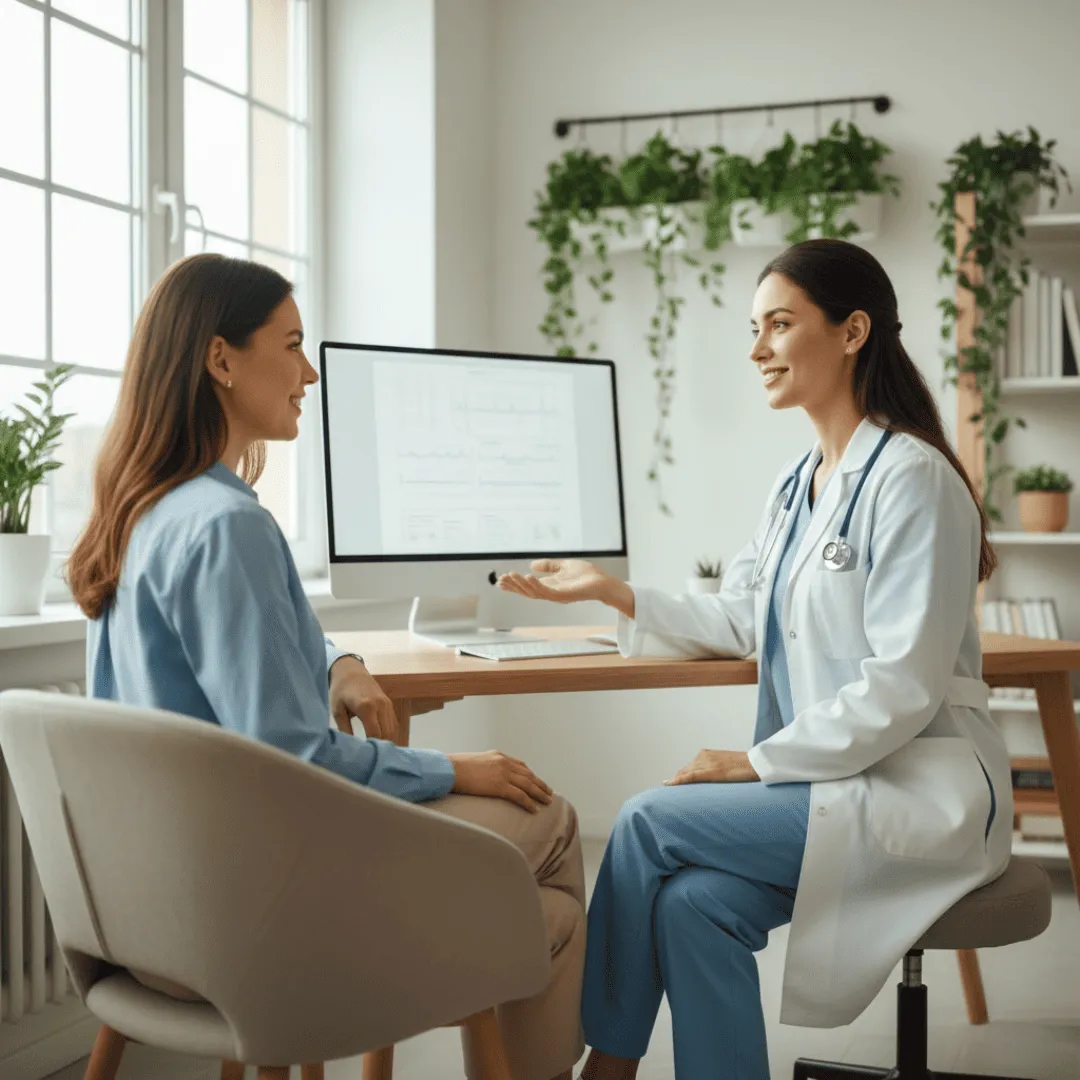 Doctora empática hablando con paciente en consultorio