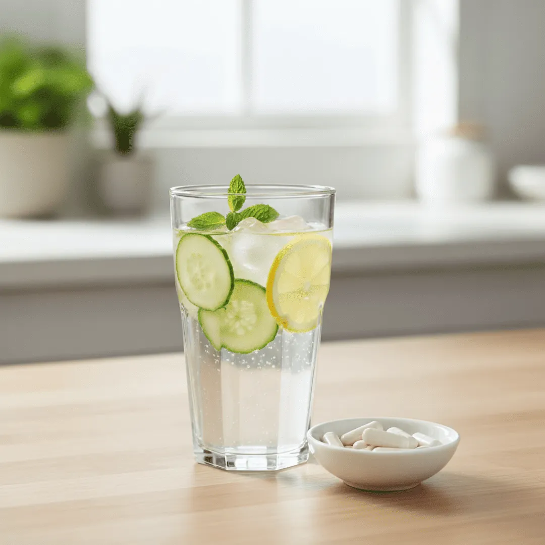 Vaso de agua detox y suplementos de Zinc para la piel
