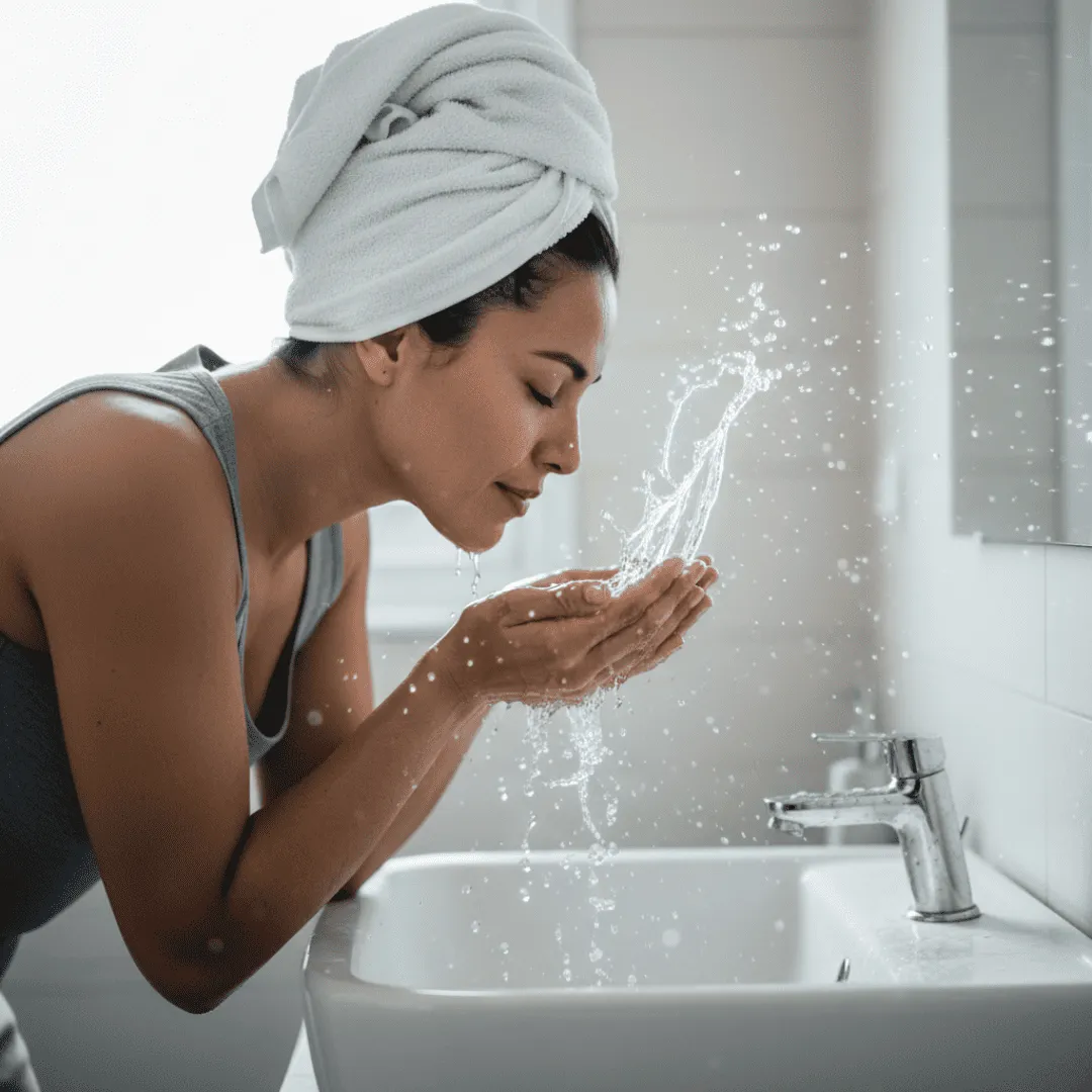 Mujer lavándose la cara con suavidad, rutina de limpieza