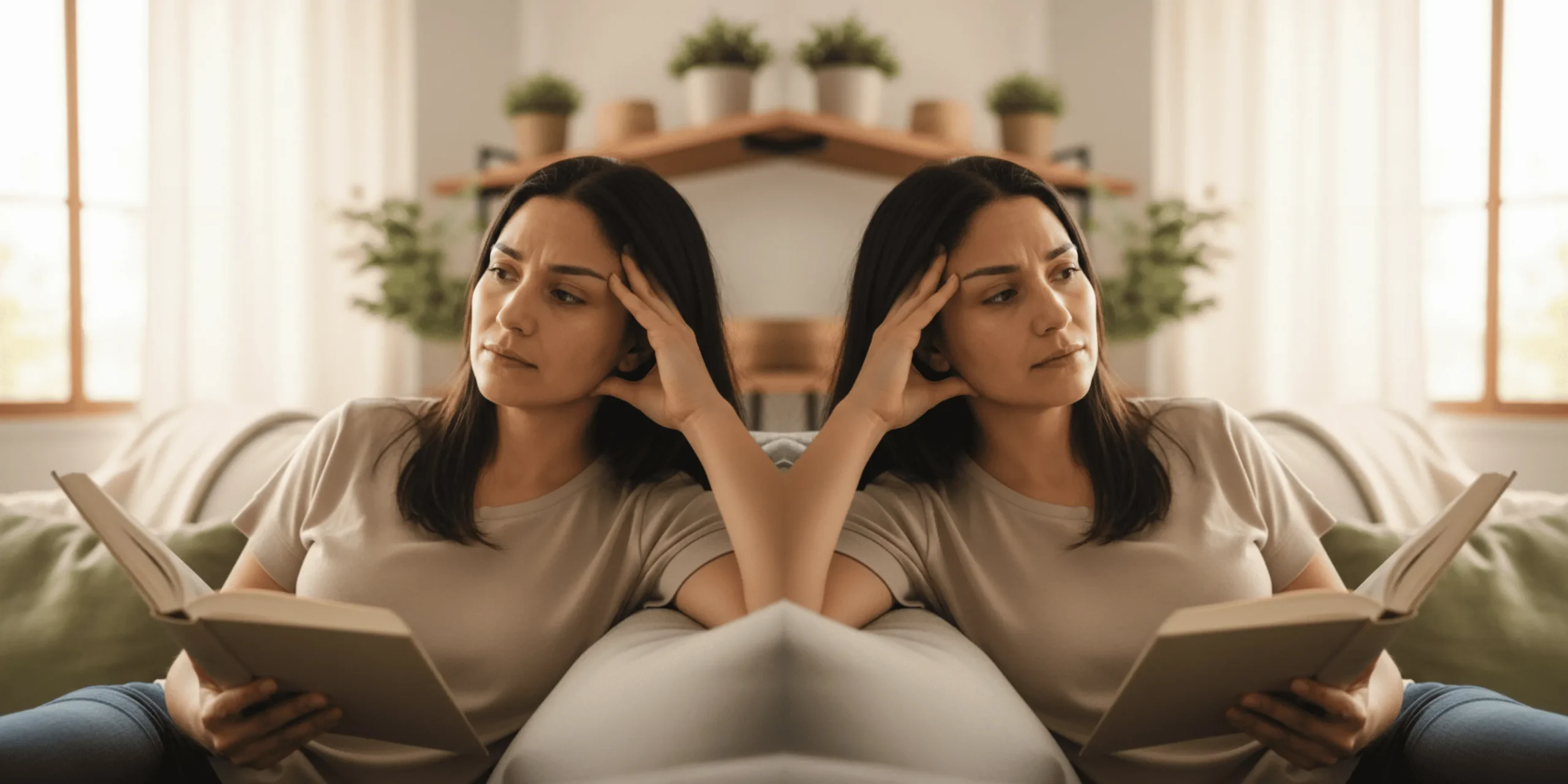 Mujer intentando leer pero perdiendo la concentración por fatiga mental