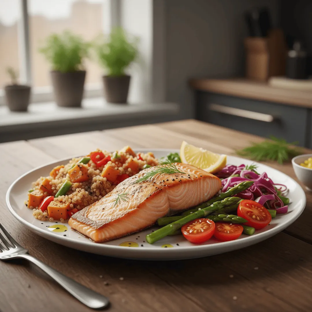 Plato abundante con proteína, carbohidratos sanos y vegetales