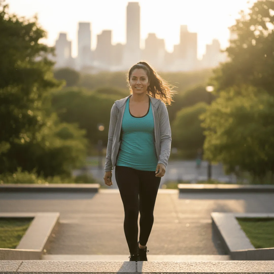 Mujer enérgica caminando en un parque, vitalidad