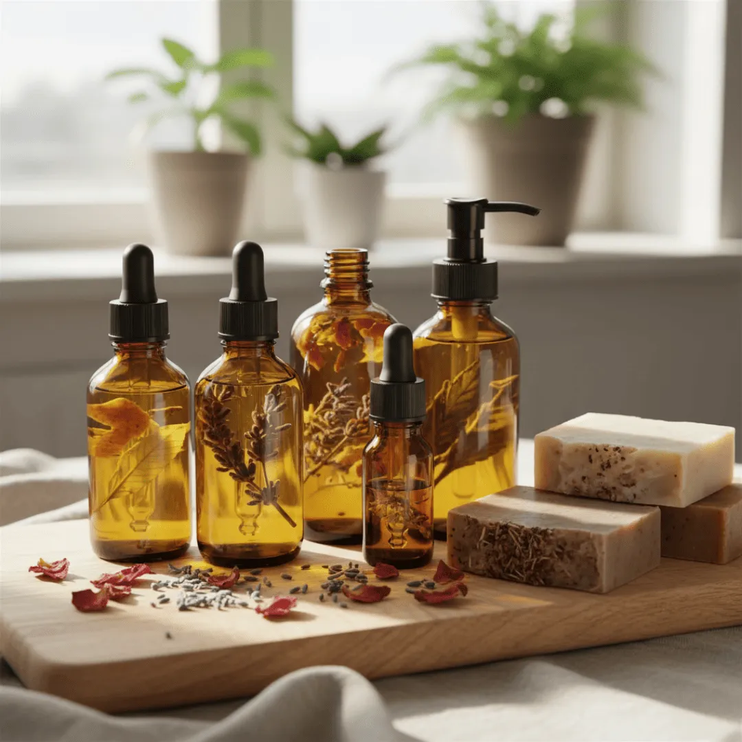 Frascos de vidrio ámbar, aceites esenciales y jabones artesanales