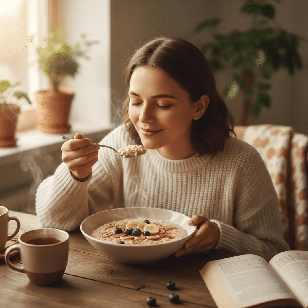 Mujer disfrutando un bowl de avena caliente en su fase lútea