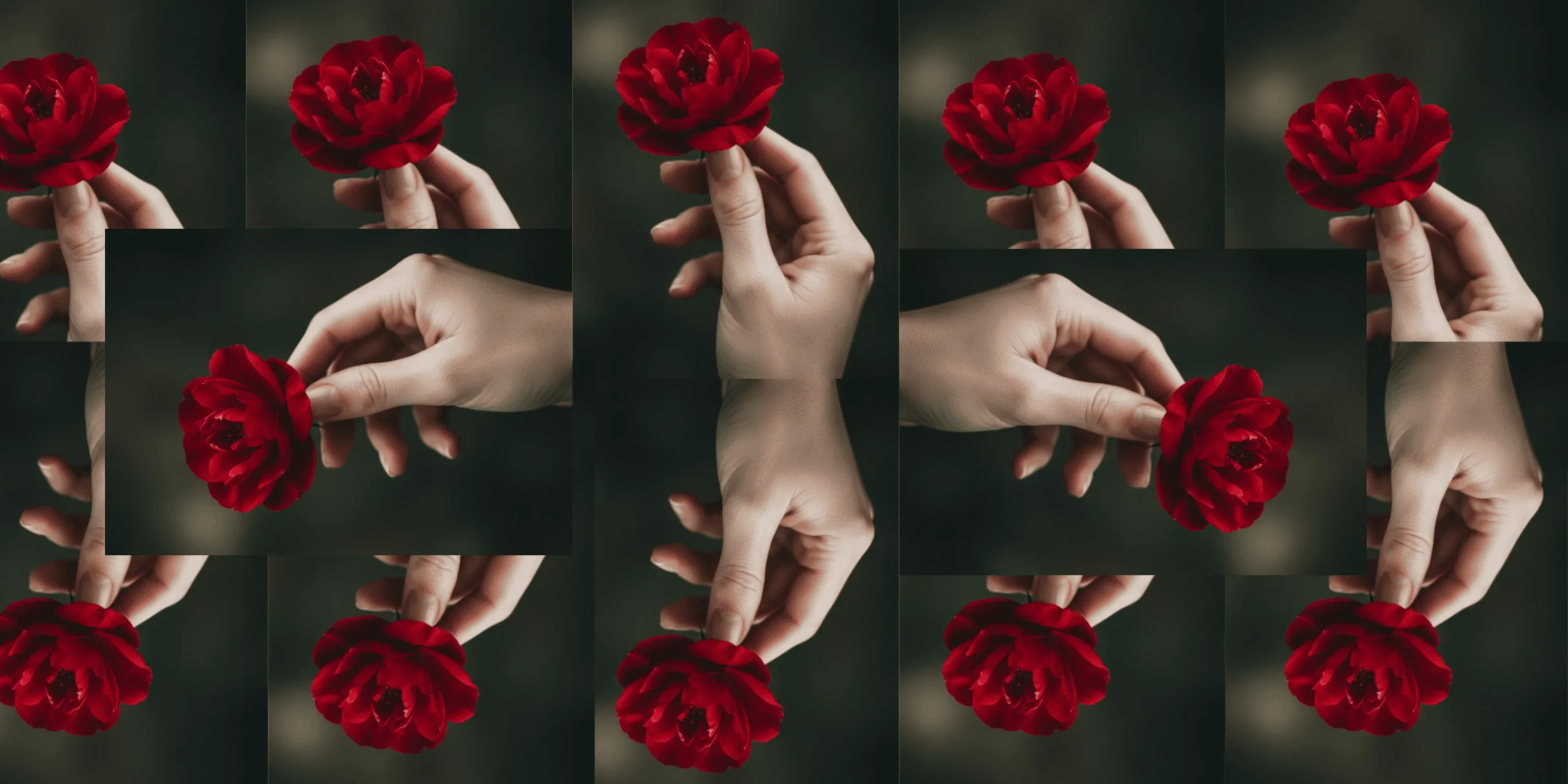 Primer plano artístico de una mano sosteniendo una flor roja intensa