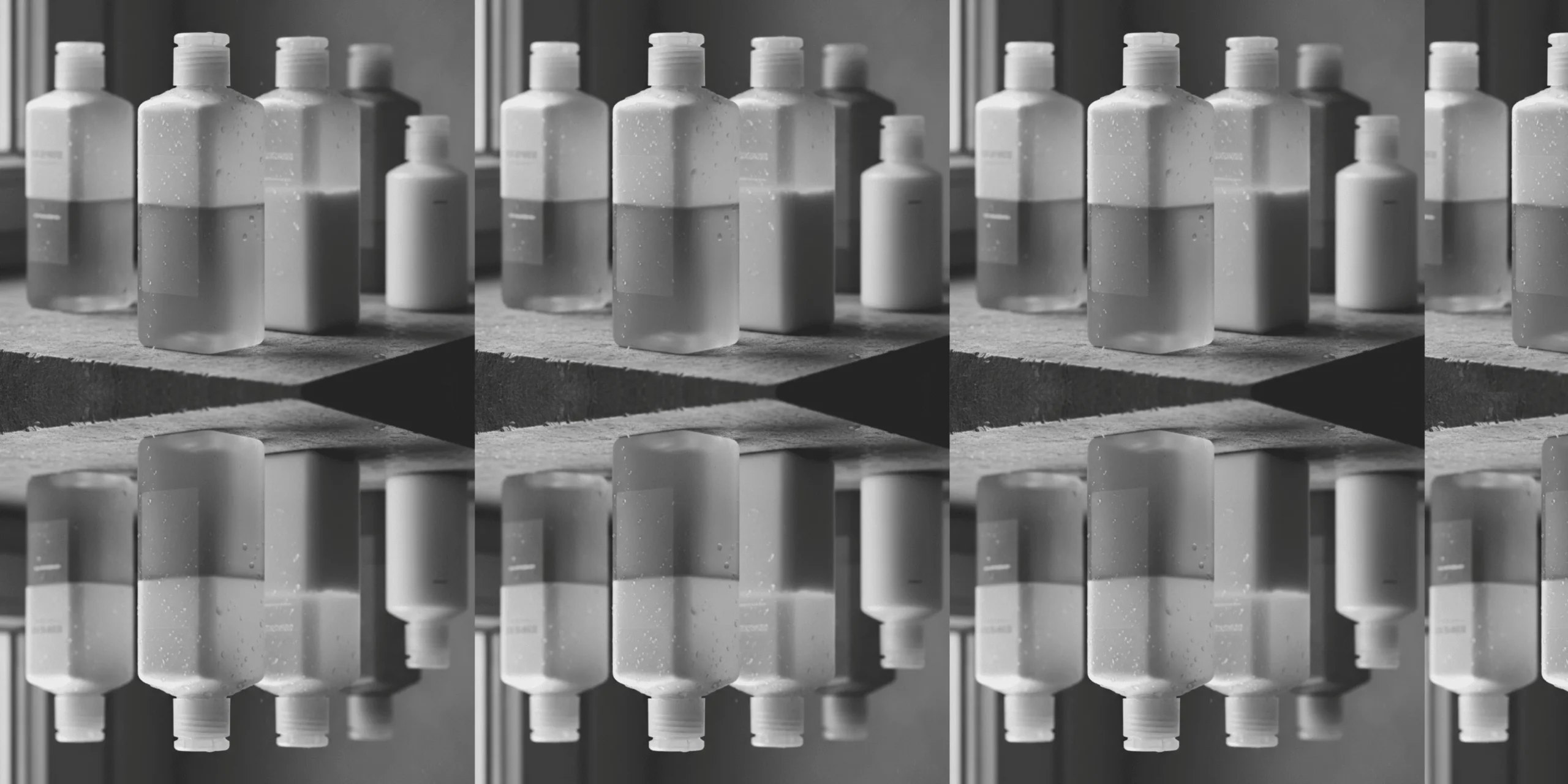 Bodegón artístico de botellas de plástico genéricas de champú y lociones