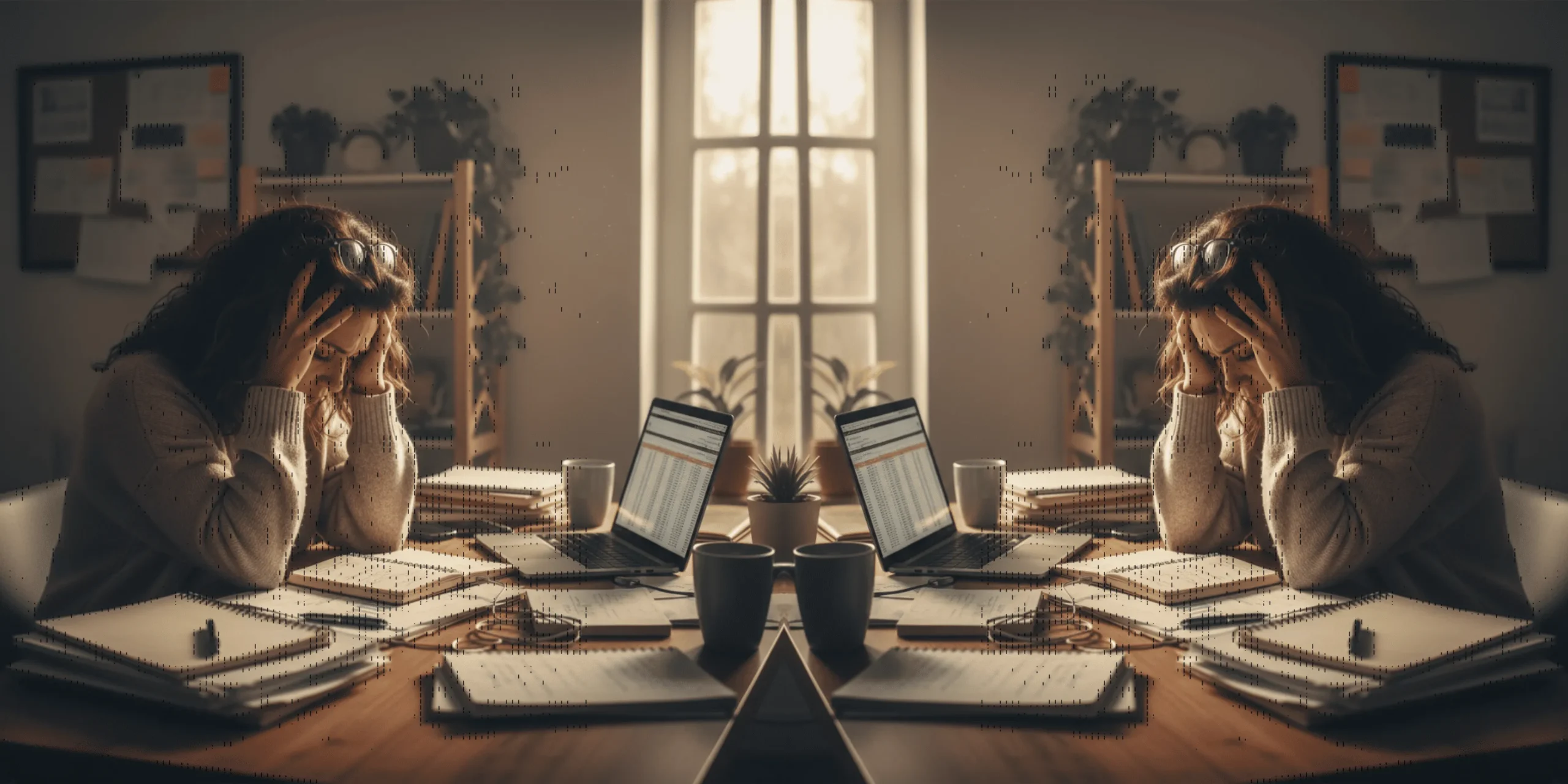 Mujer con estrés laboral y fatiga mental