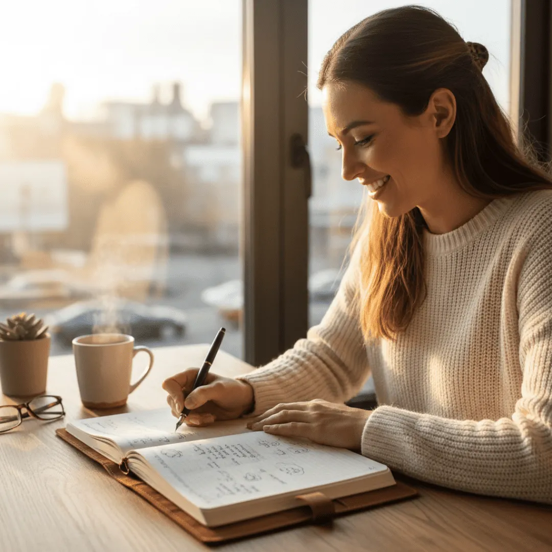 Mujer escribiendo con claridad mental y enfoque recuperado