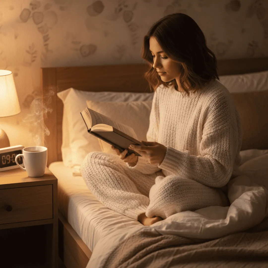 Mujer leyendo un libro físico con luz cálida antes de dormir
