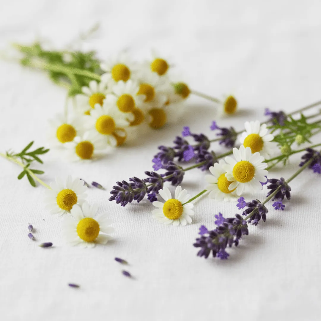 Flores de manzanilla y lavanda fresca, ingredientes relajantes