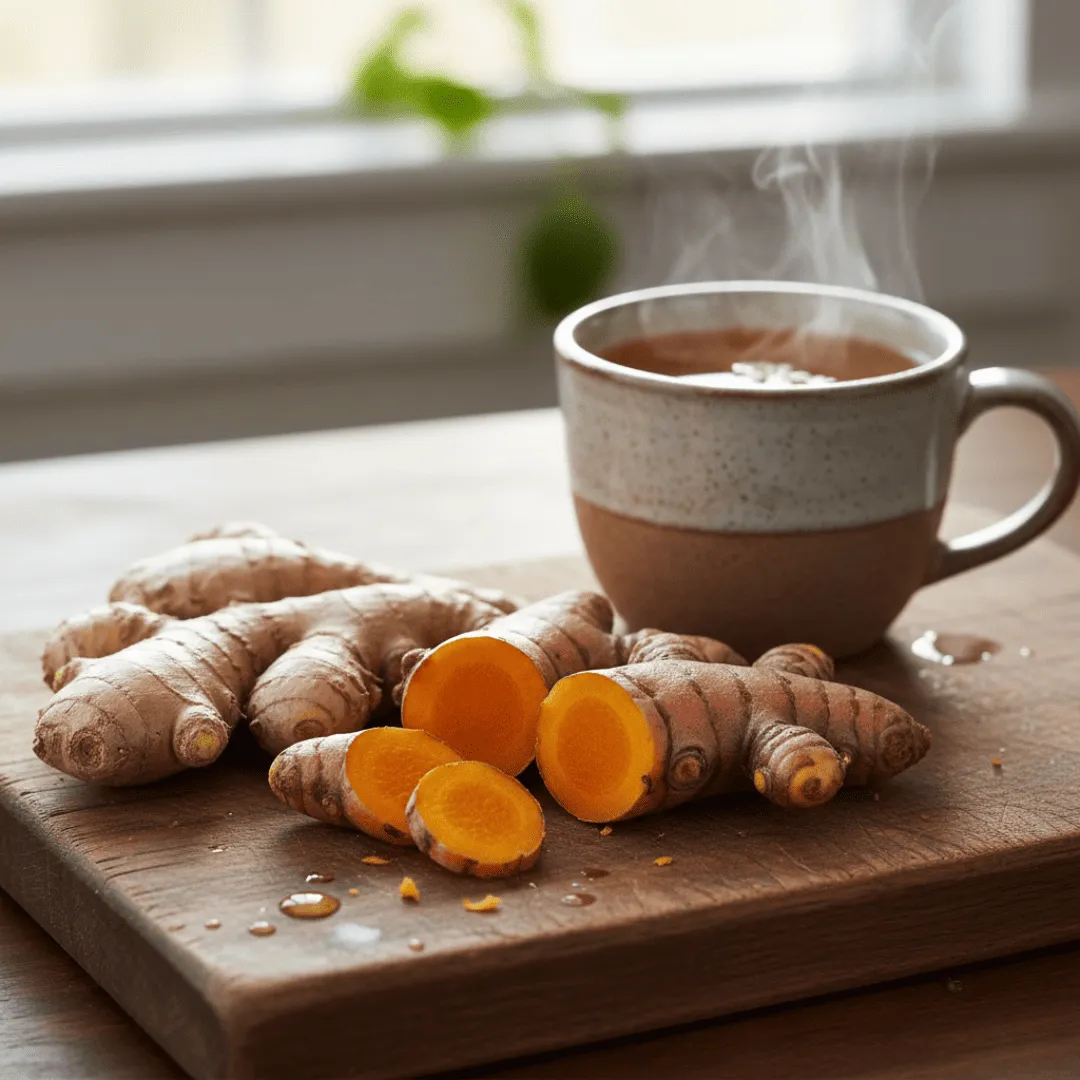 Raíz de cúrcuma y jengibre fresco con té dorado