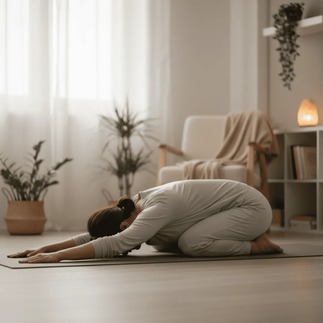 Mujer en postura de yoga relajante para aliviar cólicos