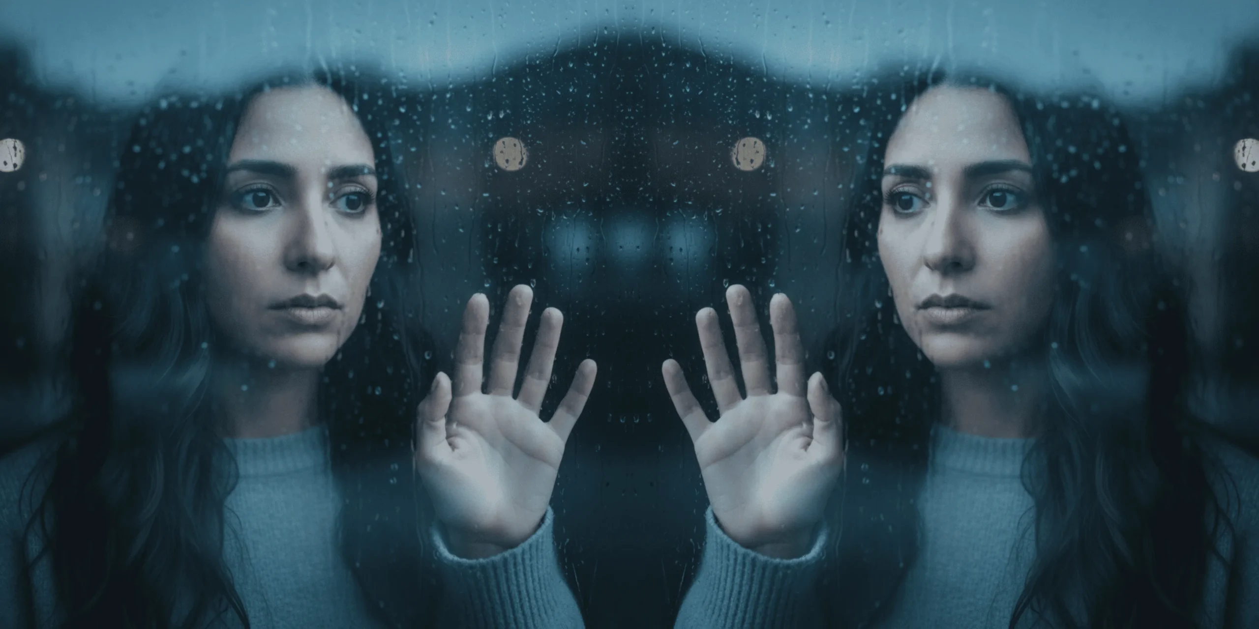 Mujer mirando a través de una ventana con expresión melancólica