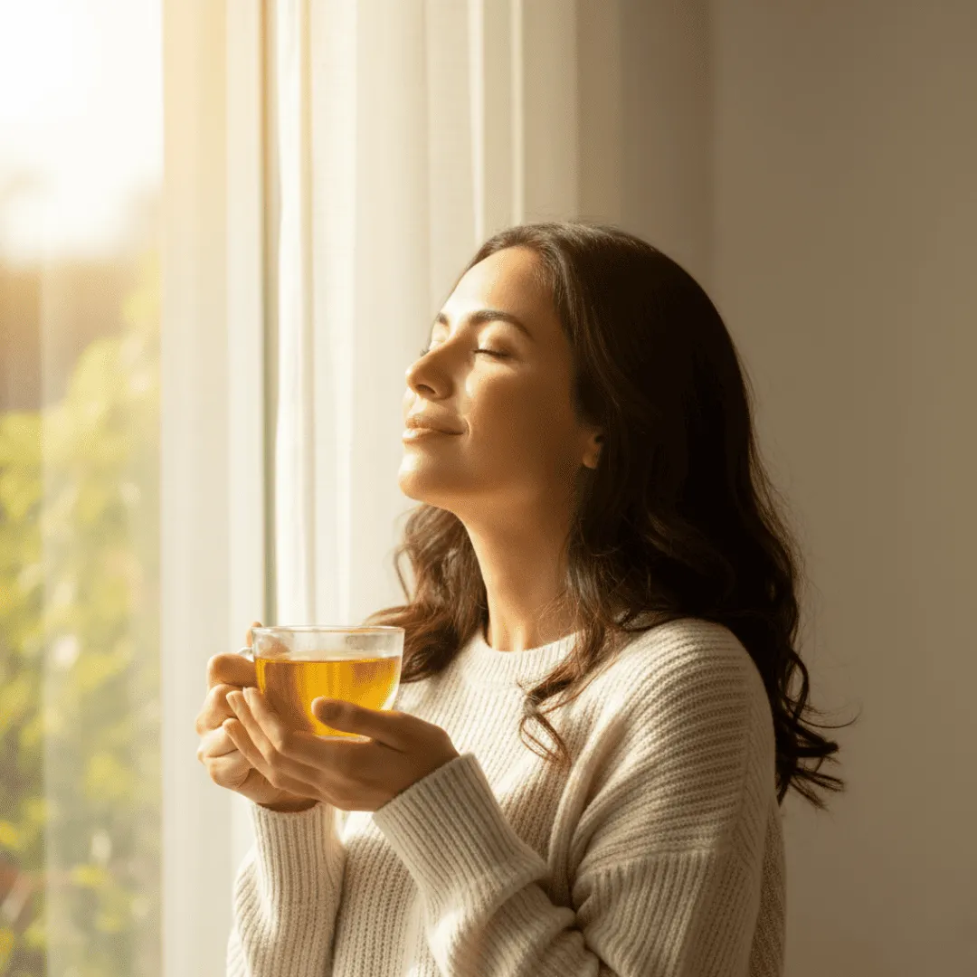 Mujer disfrutando de un momento de paz con una bebida dorada