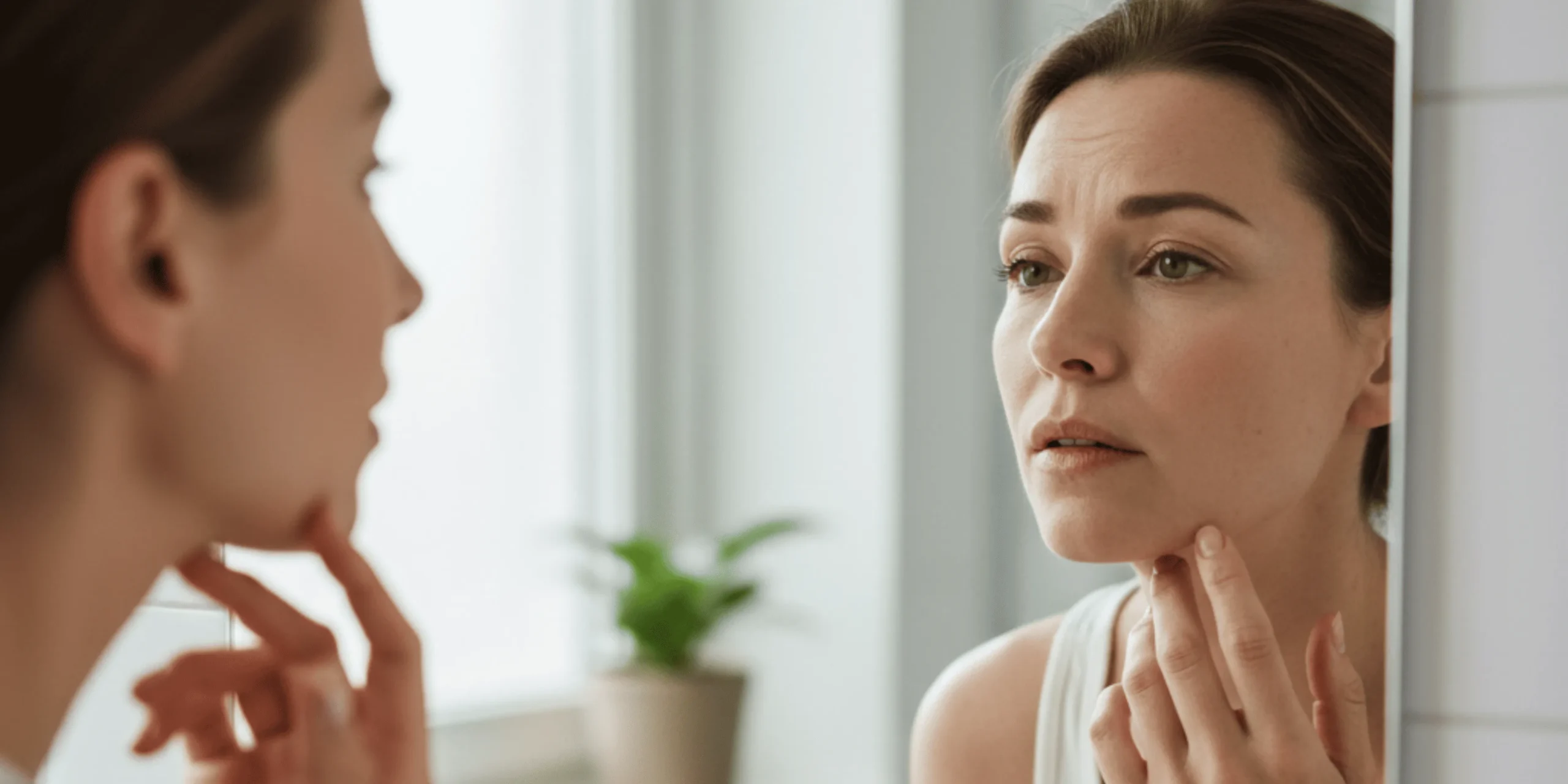 Mujer revisando su piel en el espejo con preocupación