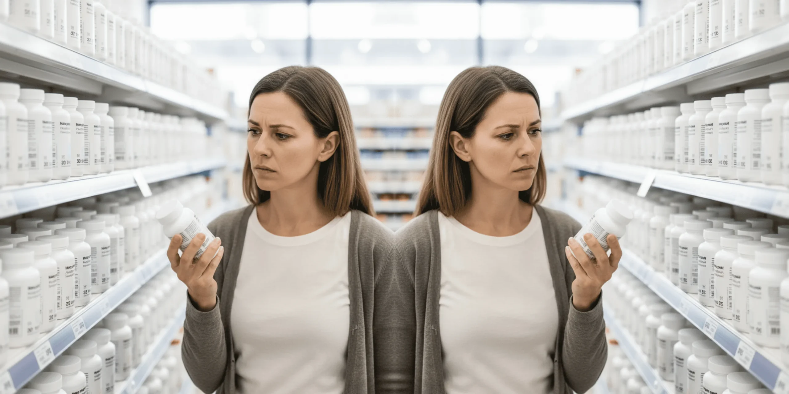 Mujer confundida ante la variedad de suplementos en una farmacia