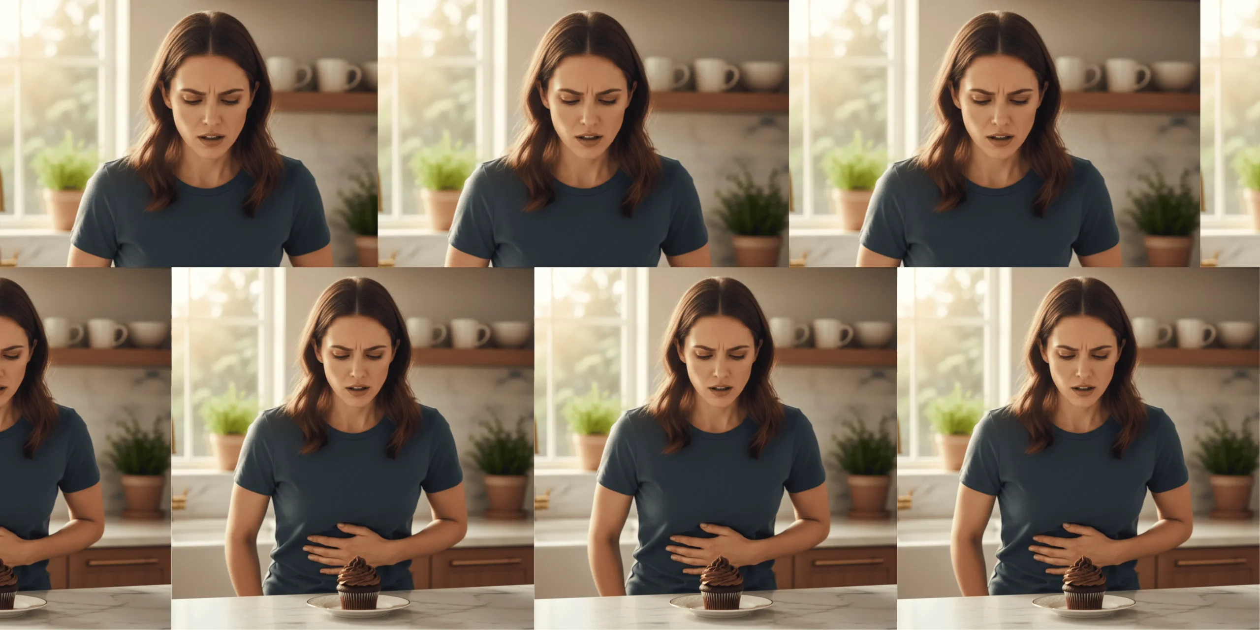 Mujer mirando un postre dulce con conflicto interno
