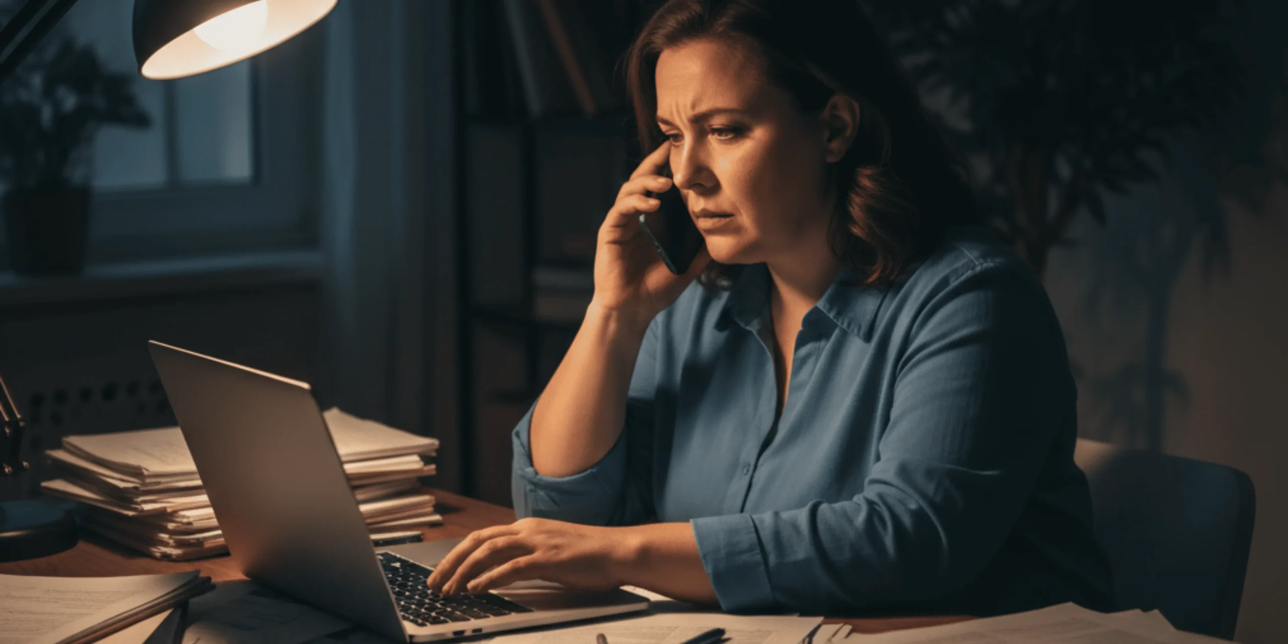 Mujer trabajando de noche, visiblemente agotada y estresada