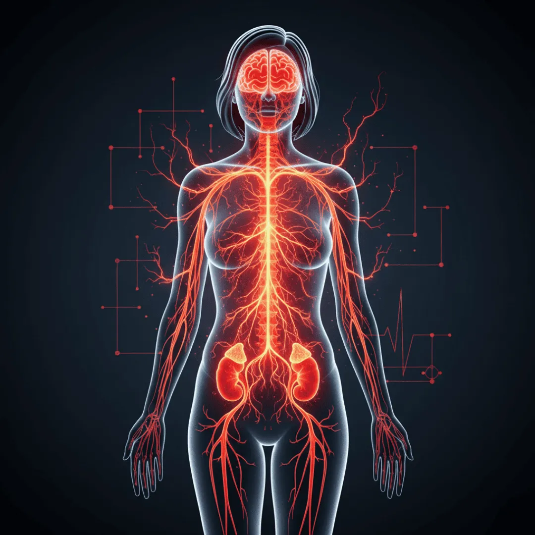 Ilustración médica de la respuesta de estrés en el cuerpo femenino