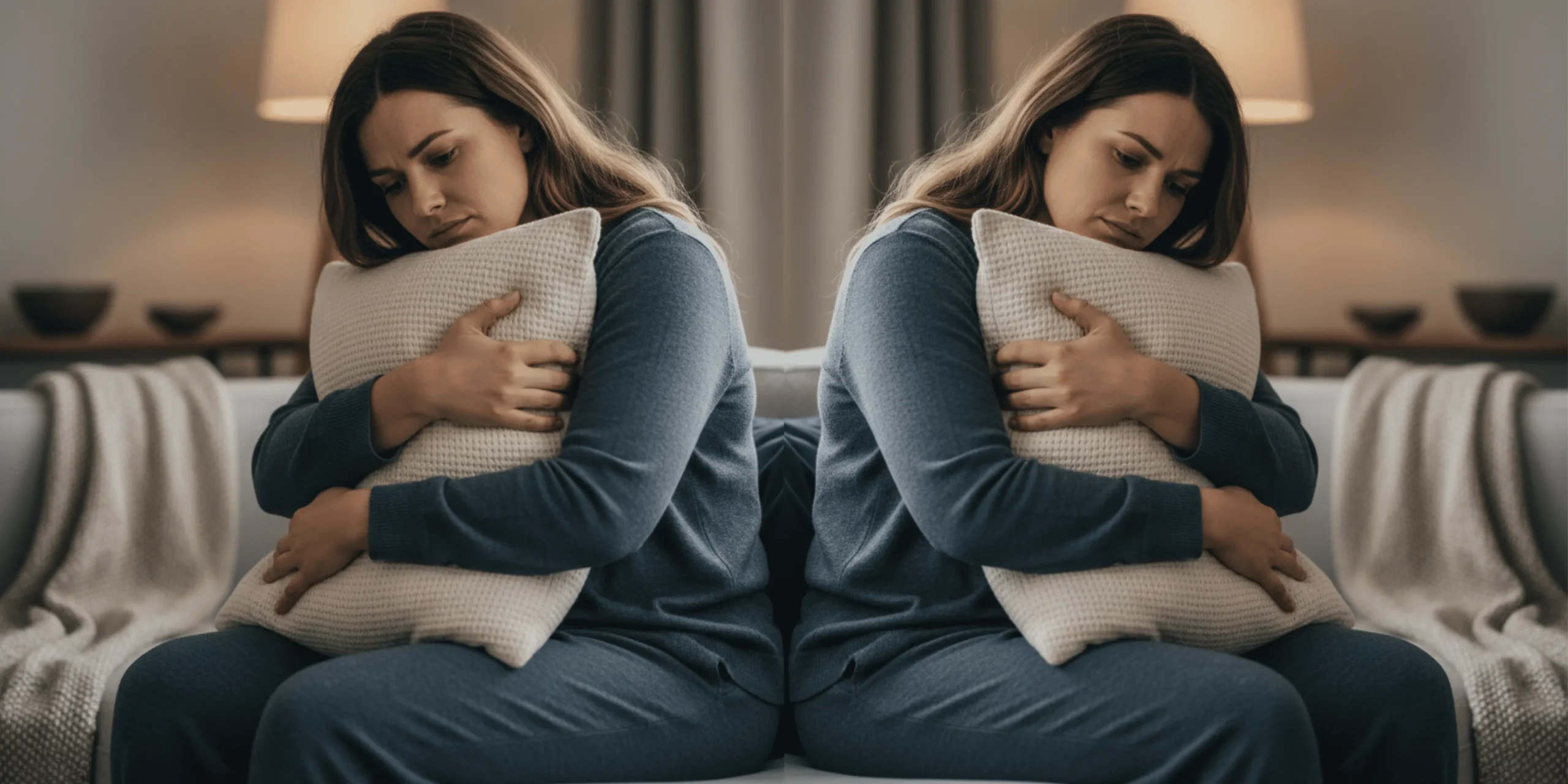 Mujer sintiéndose hinchada y sensible emocionalmente en el sofá